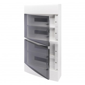 Tablou de Distributie Montaj Aparent cu Usa Transparenta Fumurie - cu Bloc Terminal N 2 X [(3X16)+(17X10)] E 2 X [(3X16)+(17X10)] - (18x4) 72 Module IP40 Gewiss GW40053BD