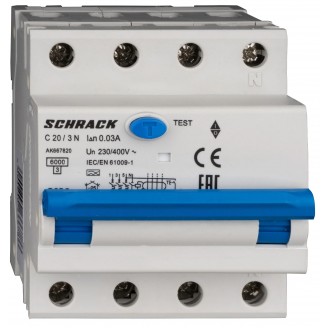 Intrerupator, automat, diferential, Schrack, AMPARO, Tip A, Tetrapolar, 3P+N, Curba C, 20A, 30mA, 6kA