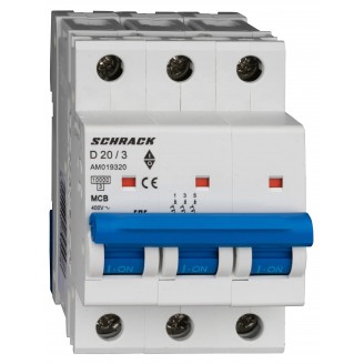 Intrerupator, Automat, MCB, AMPARO, Tripolar, 3P, Curba, D, 20A, 10kA, Schrack, AM019320--