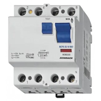 Intrerupator, diferential, Schrack, Tip A, Tetrapolar, 4P, 25A, 30mA, 10kA