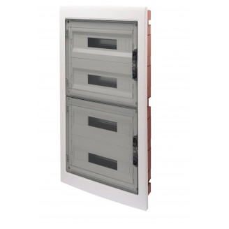 Tablou de distributie montaj Incastrat cu Usa Transparenta Fumurie cu Cadru Extractabil - cu Regleta de Borne N 2X[(3X16)+(17X10)] E 2X[(3X16)+(17X10)]-(18X4) 72 Module - IP40 Gewiss GW40611BD
